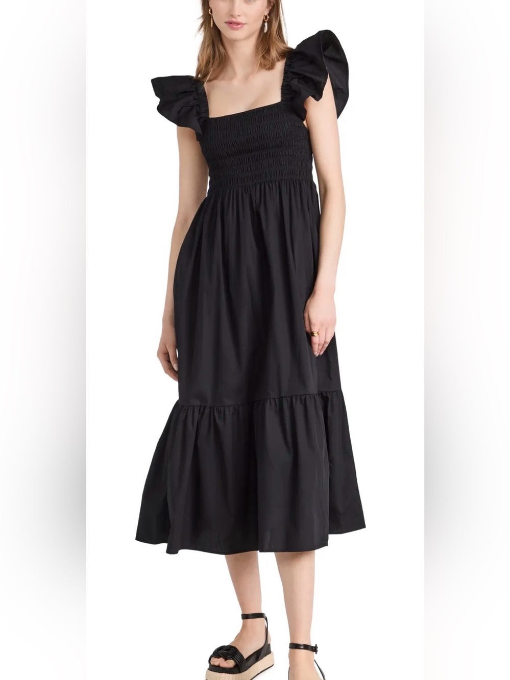 Smocked Bodice Black Midi Dress with Ruffled Cap Sleeves